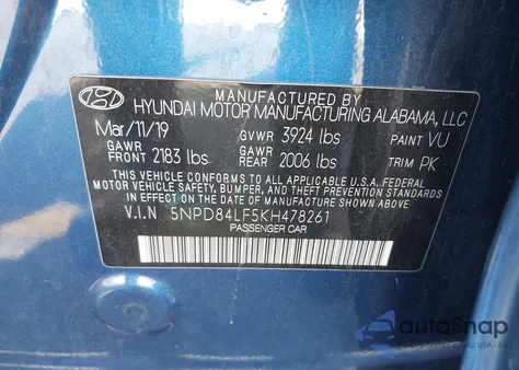 2019 Hyundai Elantra Value Edition z USA, uszkodzony, nr VIN 5NPD84LF5KH478261